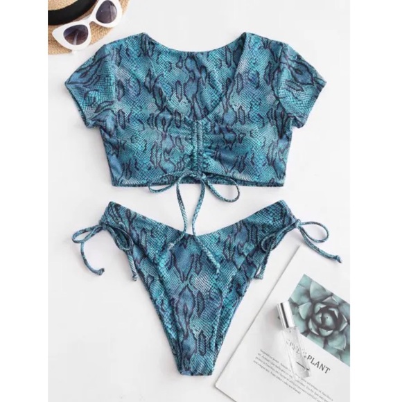 ❗️FINAL❗️ 🆕 ZAFUL Blue Snakeskin Cinched V Neck Bikini S/4 - Picture 1 of 6
